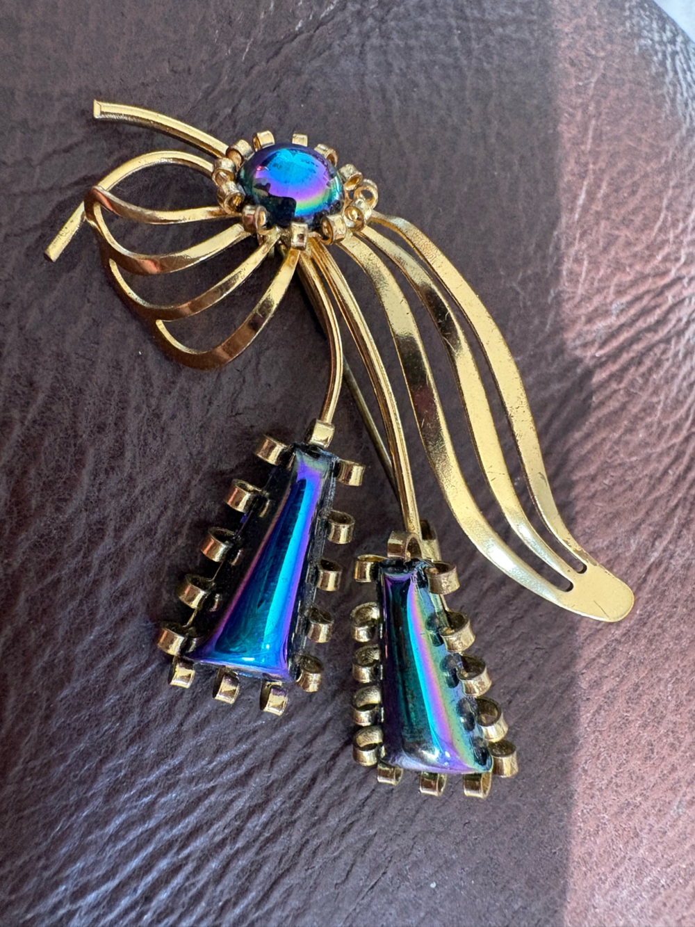 Vintage Gold Ribbon Iridescent Blue Green Foil Glass Cabochon Brooch